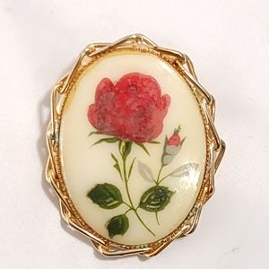 Vintage Golden Tone Rose Raised Resin Acrylic Brooch Pendants 1980s 1990s
